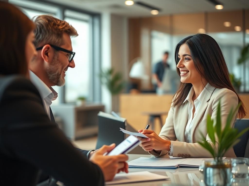 A close-up shot of a professional consultation scene, showcasing a friendly discussion between a client and a digital marketing expert, both engaged and taking notes, in a modern office setting with soft lighting.
