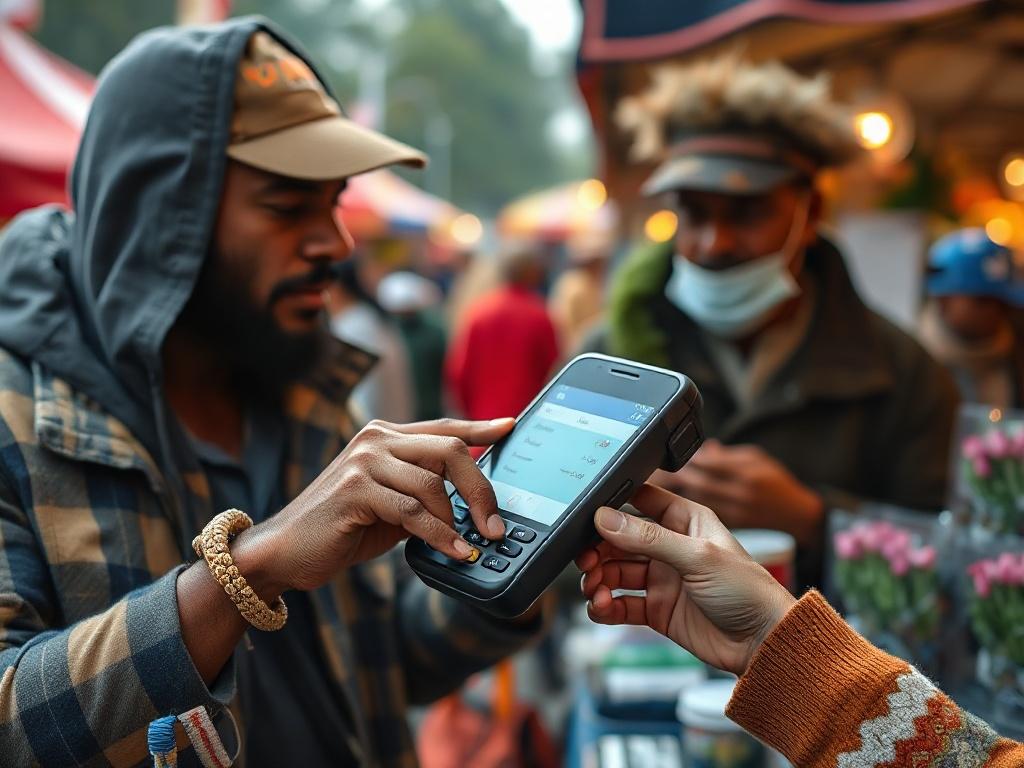 A realistic high-resolution close-up shot of a mobile payment terminal being used outdoors, with a small business owner assisting a customer. The terminal should show a payment being processed, with a vibrant market or event atmosphere in the background.