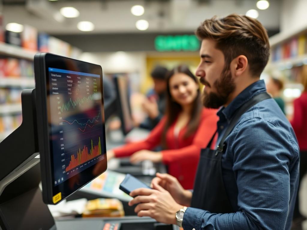 A high-resolution close-up shot of a modern POS system displaying sales analytics on its screen. The setting is a busy retail store, highlighting the interaction between staff and customers. The focus should be on the POS device, with a friendly staff member assisting a customer in the foreground.