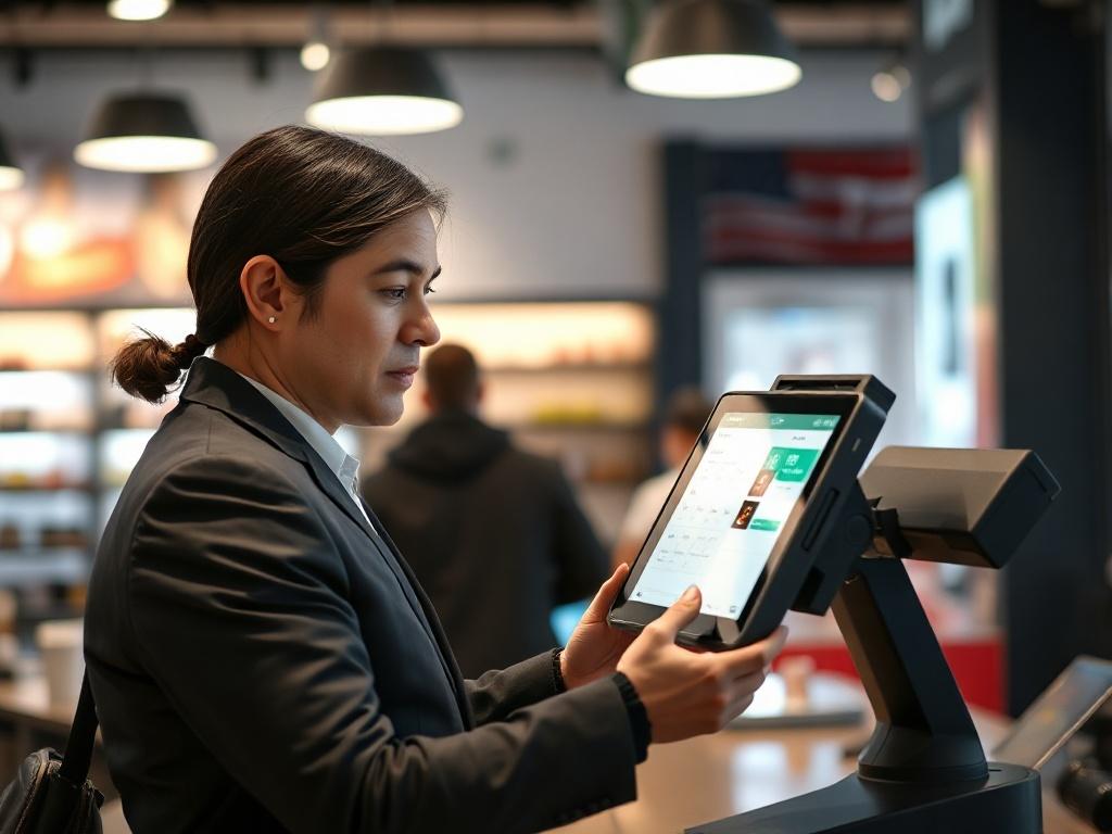 A realistic high-resolution close-up shot of a business owner using a modern point of sale terminal, set in a well-lit retail environment with a professional and sleek design. The terminal displays a payment interface. The background should be subtly blurred to emphasize the terminal and the owner's focused expression.