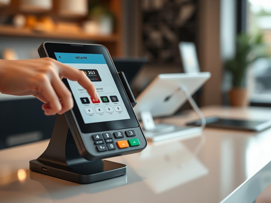 **AI Image Generation Prompt:**

Create a realistic high-resolution photo that embodies the theme of "Brand&Mind Merchant Solutions: La Nueva Forma Inteligente de Procesar Pagos en Estados Unidos." 

**Composition:**
- The image should focus on a modern point-of-sale (POS) terminal set up in a clean, professional environment. 
- The terminal should be sleek, high-tech, and prominently displayed, showcasing its screen lighting up with transaction details. 
- Choose a single subject: the POS terminal, ensurin