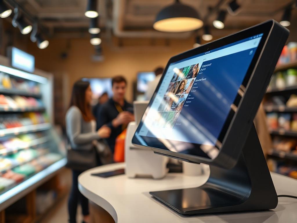 A realistic high-resolution close-up of a sleek POS system on a retail counter, displaying a user-friendly interface. The background should show a busy store environment, highlighting the interaction between customers and staff. The image should convey a sense of efficiency and modernity.