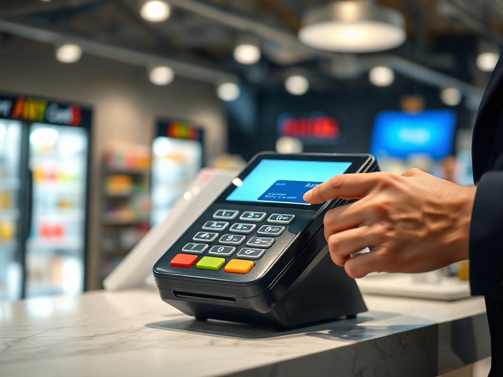 A realistic high-resolution close-up of a modern payment terminal on a store counter, showing a hand using a credit card to make a payment. The background should be softly blurred, emphasizing the terminal while maintaining a professional atmosphere. The colors should reflect a modern retail environment.