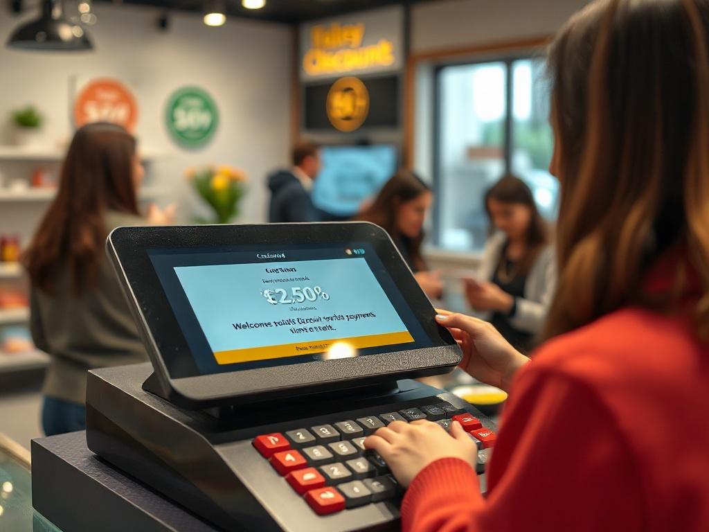 A realistic high-resolution close-up of a cash register displaying a discount offer for cash payments. The background should depict a welcoming retail space with customers discussing the offer. The colors should be vibrant, conveying a sense of savings and value.