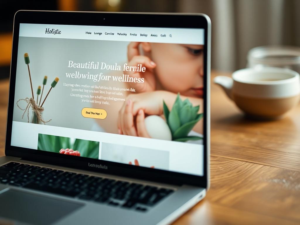 A close-up of a beautifully designed website for a holistic doula service, showcasing calming colors and images related to wellness. The laptop is on a wooden table with a soft light illuminating the screen.