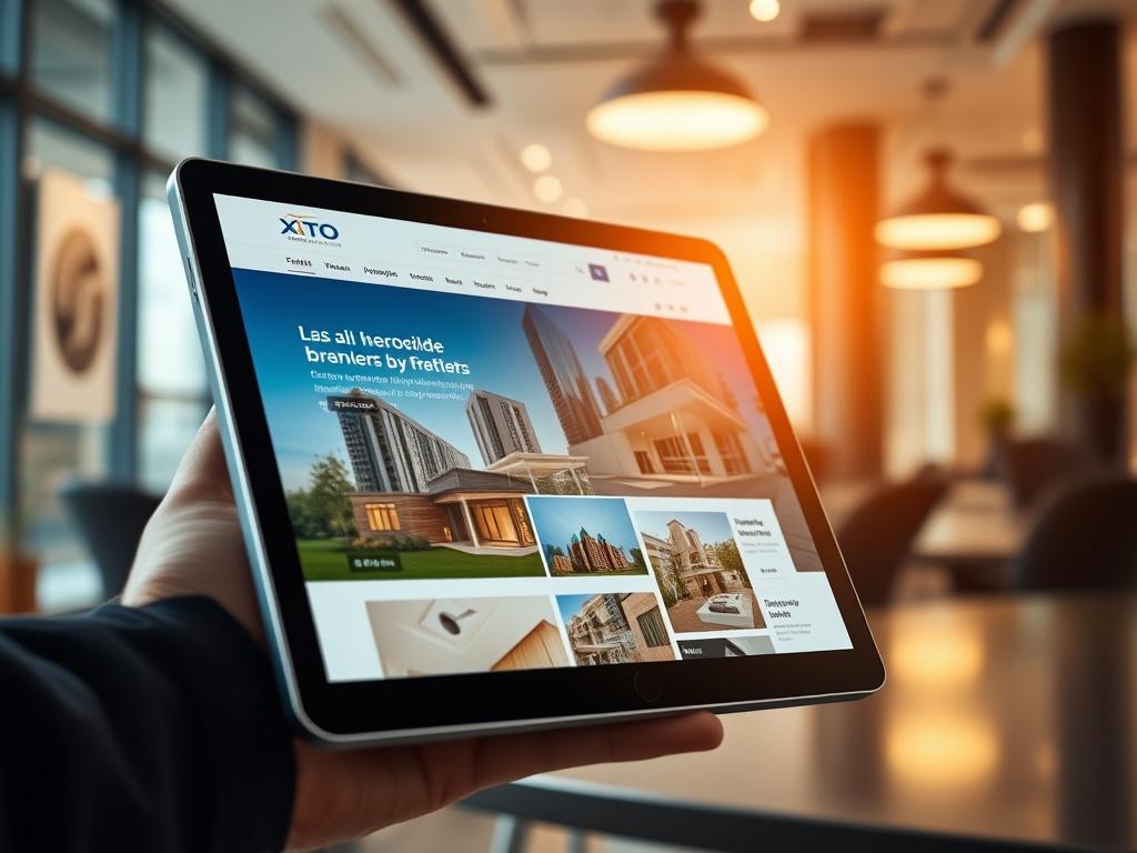 A close-up shot of XTO Group’s real estate website displayed on a tablet, highlighting property listings and a sleek interface. The background should be a stylish office environment.