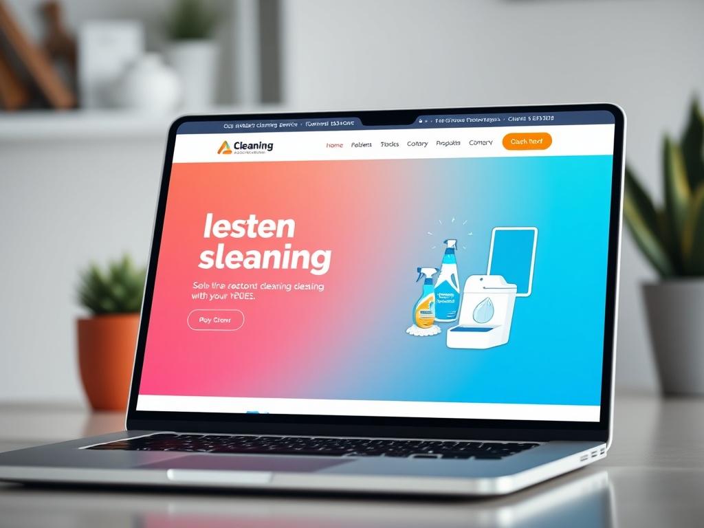 A close-up shot of a modern cleaning service website displayed on a laptop, with vibrant colors that represent professionalism. The background should be minimalistic to keep focus on the website design.