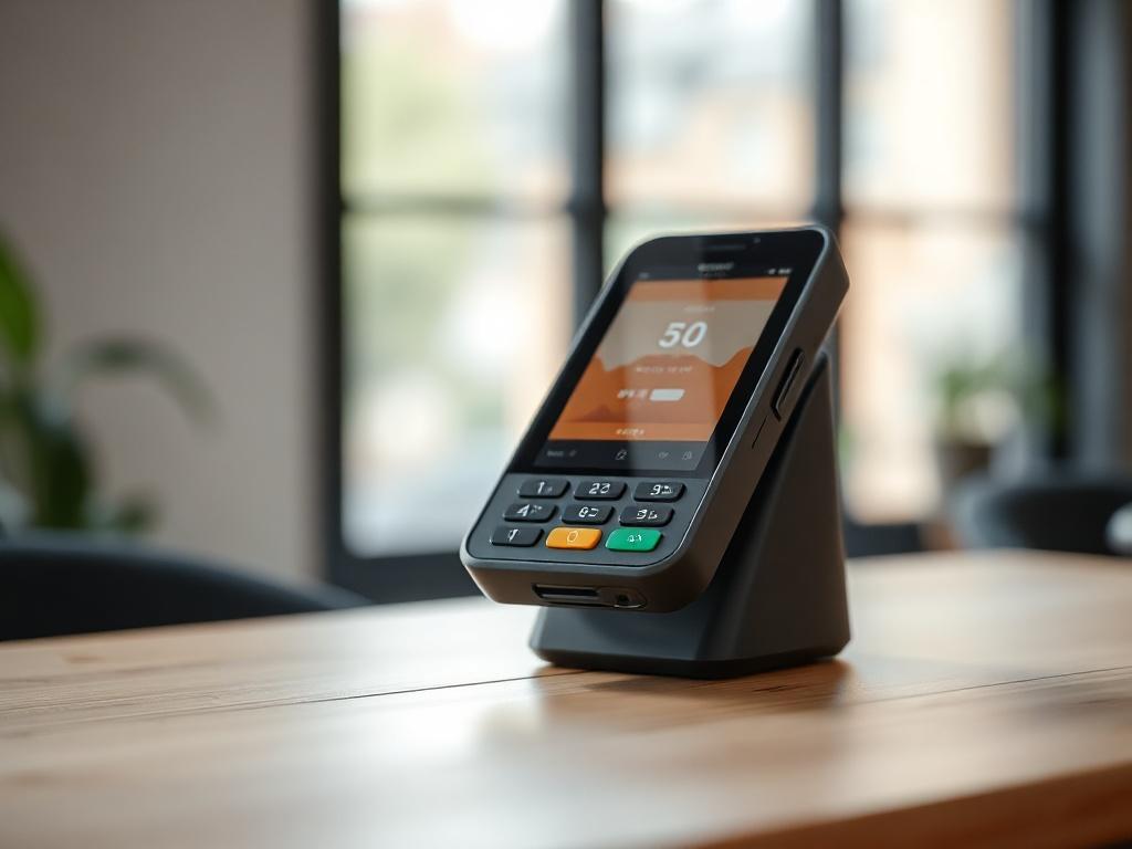 A sleek and modern SUNMI P2 payment terminal on a clean, minimalistic wooden table. The background is soft-focused, highlighting the terminal's design and features, shot in high resolution with a 45mm f/1.2 lens.