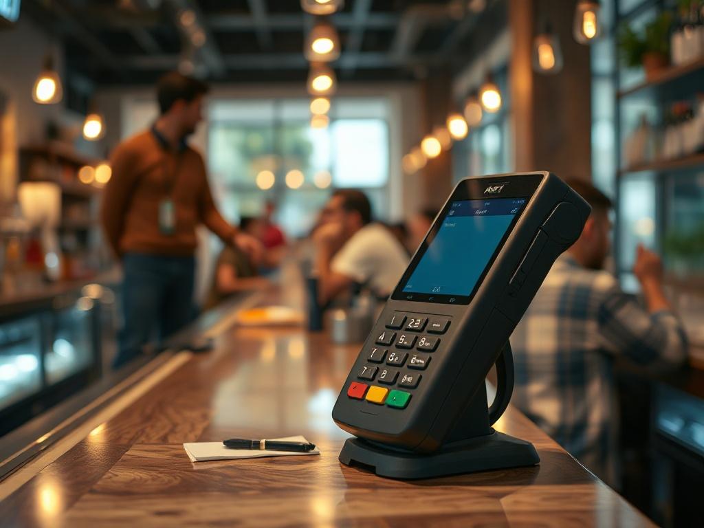 An A77 PAX payment terminal elegantly placed on a bar counter, showcasing its modern design and functionalities. The atmosphere is lively, with people in the background, and the image is shot in high resolution with a 45mm f/1.2 lens.