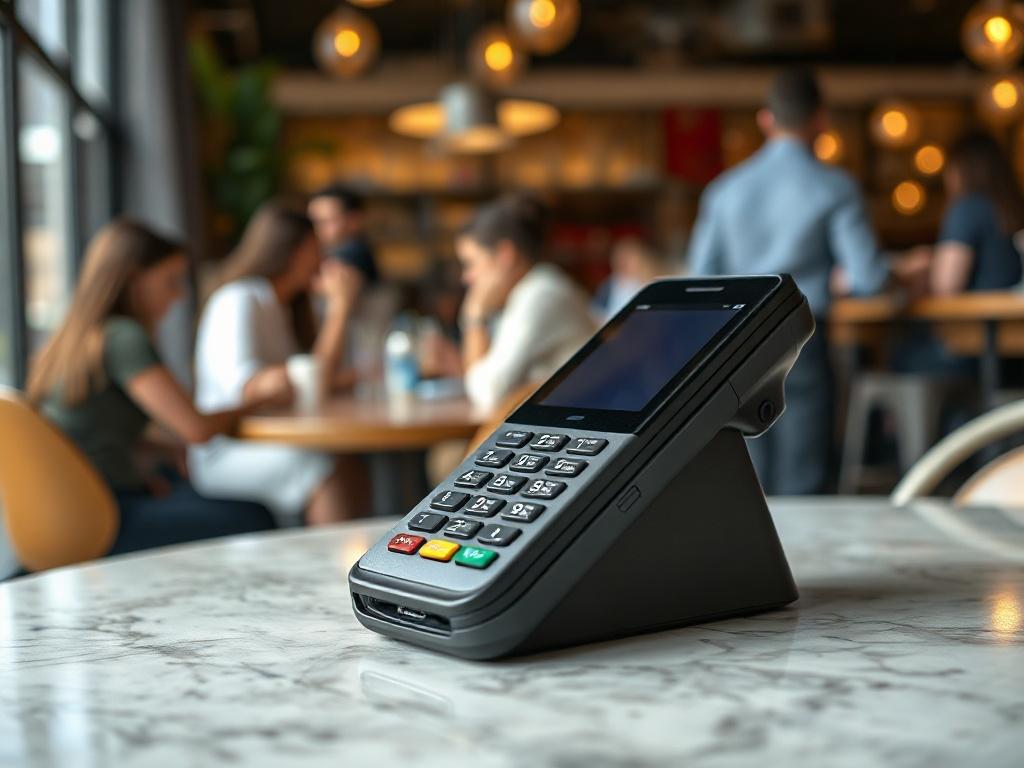 A compact A920 PAX payment terminal resting on a stylish cafe table, with a blurred background of customers enjoying their time. The focus is on the terminal's sleek design and user-friendly interface, captured in high quality with a 45mm f/1.2 lens.