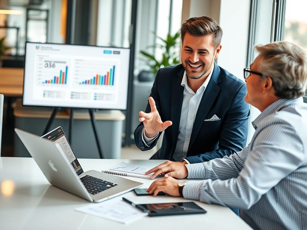 A close-up shot of a professional consultant discussing digital marketing strategies with a business owner. The setting is modern with a sleek office background featuring a laptop, digital charts on a screen, and notes on the table. The focus is on the consultant, who is engaged and animated, conveying confidence and expertise. The lighting is bright and inviting, creating a positive atmosphere.