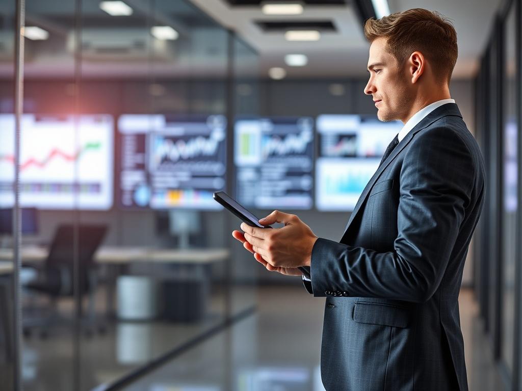 **AI Image Generation Prompt:**

Create a realistic high-resolution photo that embodies the essence of Brand&Mind Software and Marketing LLC: Soluciones Digitales Integrales para Empresas en Estados Unidos. 

**Composition:** 
Focus on a single professional figure standing confidently in a modern office environment. The subject should be a business professional (either male or female) dressed in smart business attire, holding a tablet or laptop, with a look of determination and focus. 

**Subject Matter:** 