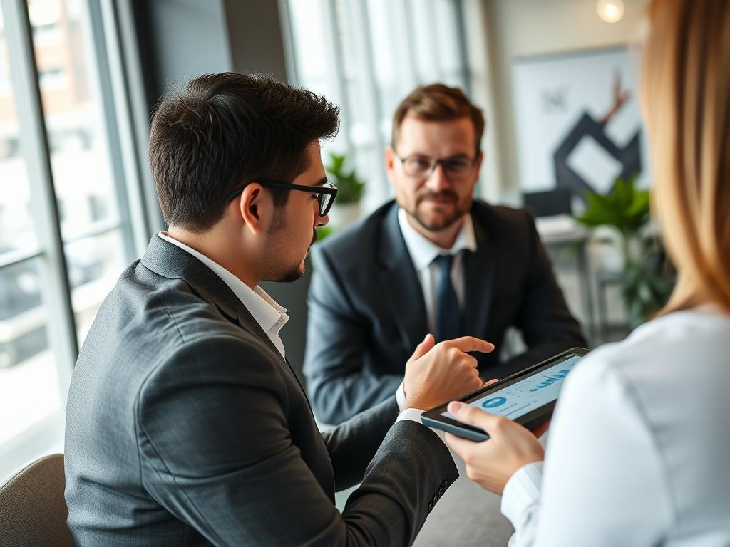 A close-up shot of a business consultant discussing transformation strategies with a client, using a tablet to show digital tools and graphs. The setting should convey professionalism, with a modern office background. The primary color rgb(40, 93, 225) should subtly appear in the decor.