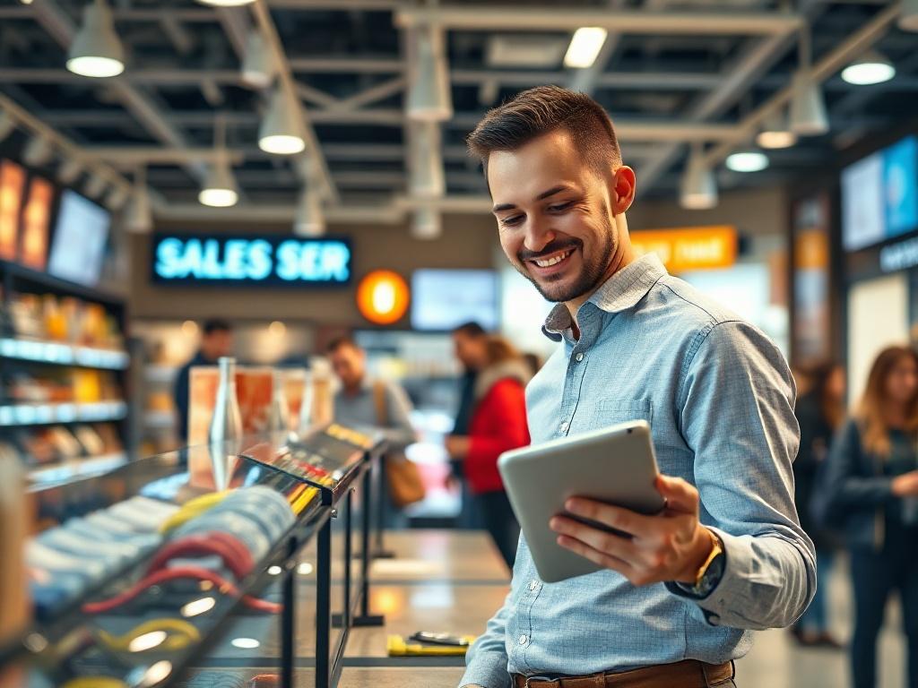 A dynamic image of a happy business owner standing behind a counter, using a tablet to analyze sales data. The background shows a bustling store with customers shopping. The owner is smiling, showcasing a sense of achievement and success, with vibrant colors that reflect a thriving business environment.