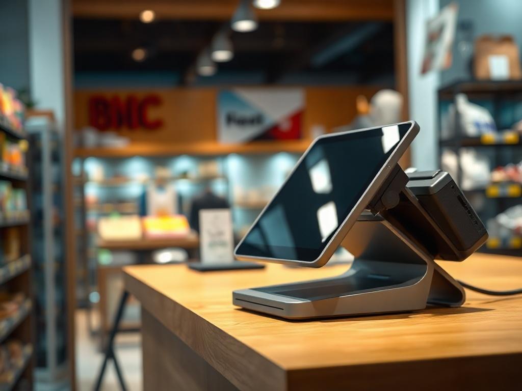 A close-up shot of a modern POS terminal with a sleek design, placed on a wooden counter in a retail store. The background should show blurred shelves of products, creating a vibrant shopping atmosphere. The lighting is warm and inviting, highlighting the terminal's features, and the image captures the essence of modern retail technology.