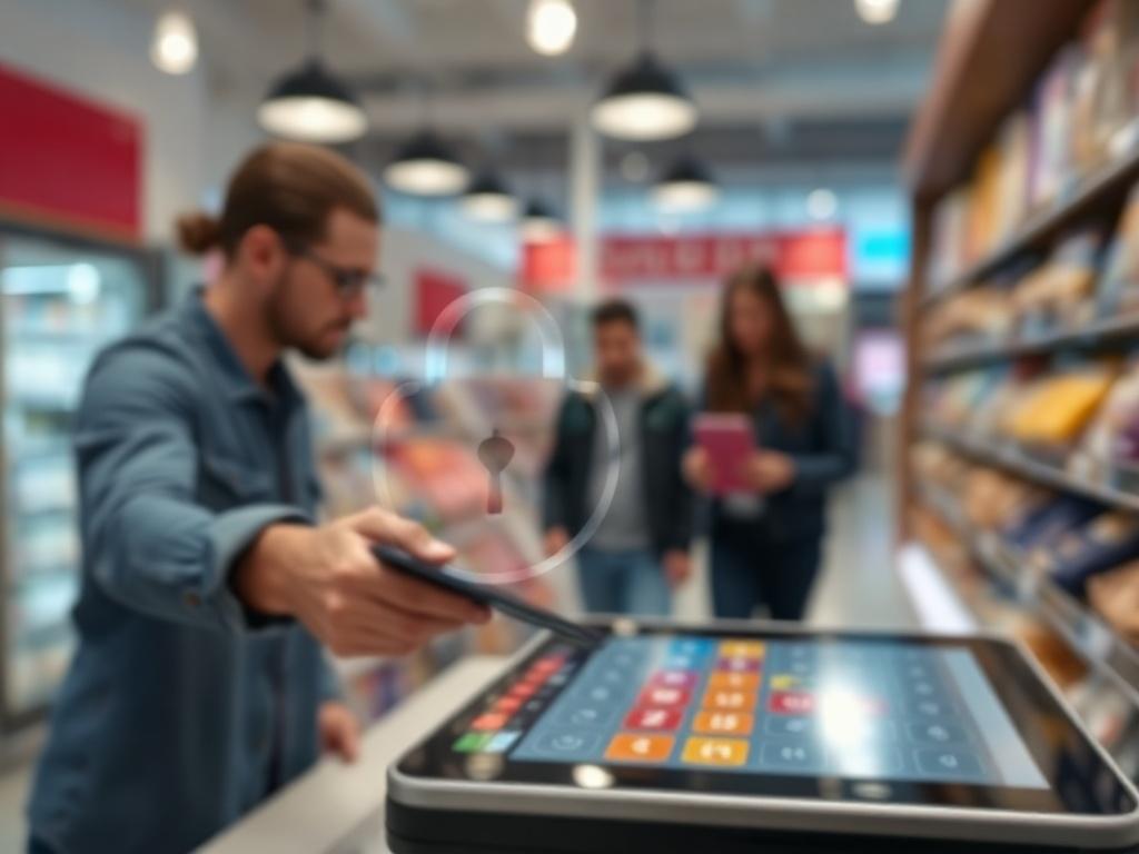 A close-up of a security lock symbol overlaid on a digital payment screen, symbolizing secure transactions. The background is a blurred image of a customer making a payment at a retail store. The image conveys a sense of safety and reliability, with a color palette that emphasizes trust.