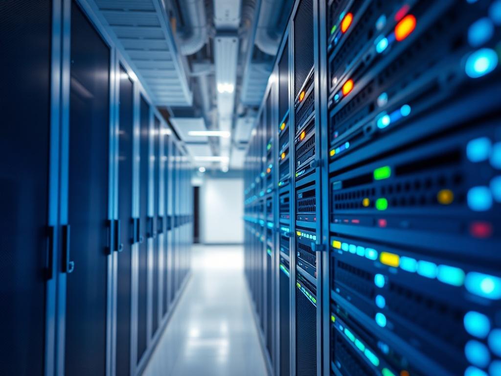 A hyper-realistic close-up shot of a sleek server rack in a modern data center, showcasing the servers with LED lights glowing, a clean and organized background with soft blue lighting that complements the primary color rgb(40, 93, 225). The focus should be on the server hardware, emphasizing reliability and security.