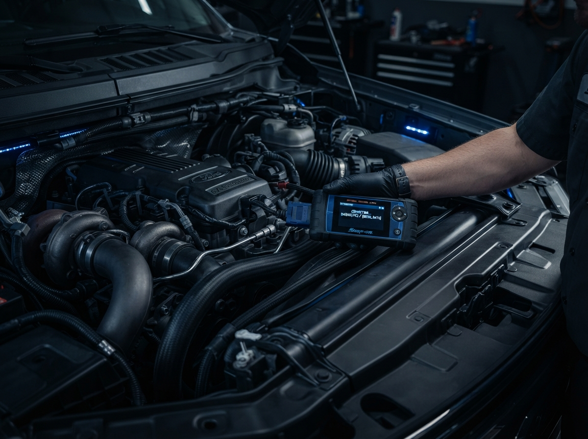 Technician connecting a diagnostic scanner to a diesel engine with electric blue accent lighting