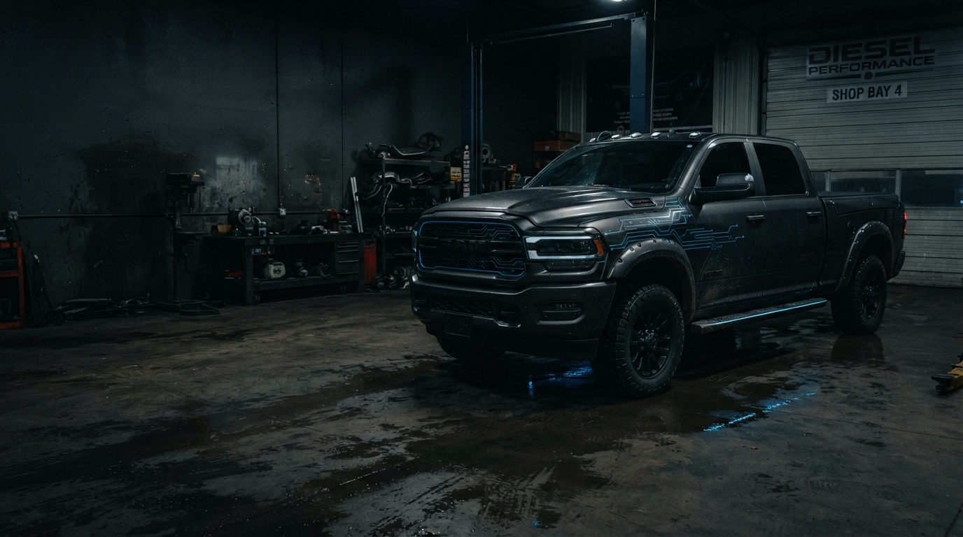 Diesel pickup truck in a dark shop bay with electric blue circuit accents