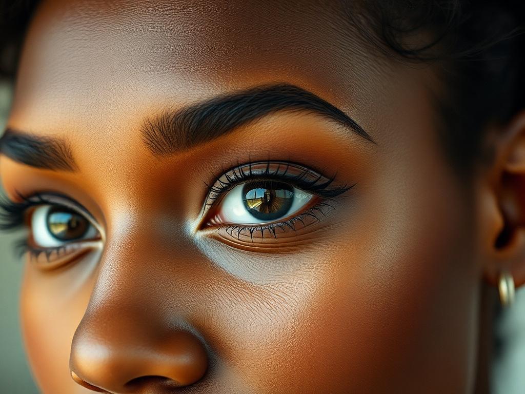 A close-up image of a black lady wearing a pair of prescription contact lenses. The focus is on her eyes, showcasing the contact lenses clearly. The background is softly blurred to emphasize her facial features, and the lighting is natural, highlighting the sheen of her skin and the clarity of her gaze. The overall composition is simple yet striking, with a warm and inviting ambiance.
