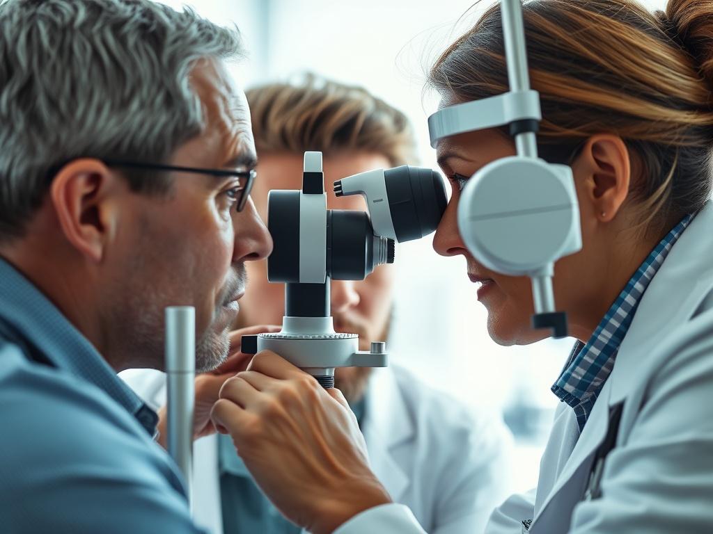 A high-resolution photo of an optometrist examining a patient's eyes using advanced diagnostic equipment. The image should capture the interaction between the doctor and patient, highlighting the professionalism and care provided. The background should be bright and welcoming, with a hint of the #062767 color to create a cohesive look.