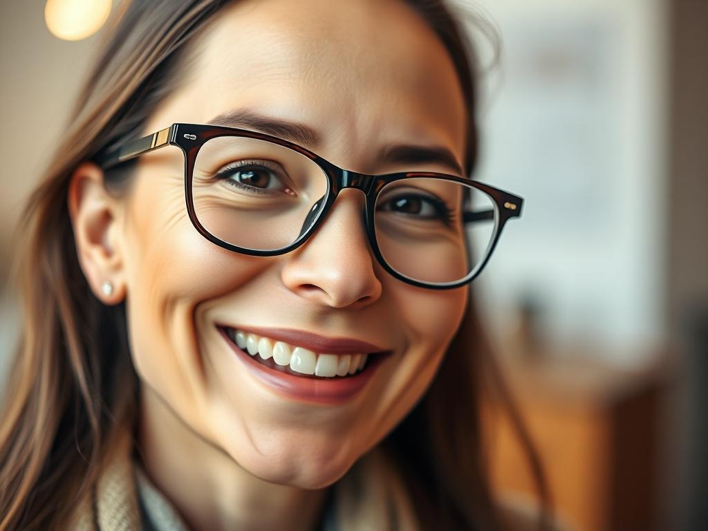 A close-up shot of a patient smiling while wearing stylish glasses, exuding confidence and satisfaction. The background should be softly blurred, emphasizing the patient and glasses, with a warm color palette that includes elements of #062767 to create a harmonious and inviting atmosphere.