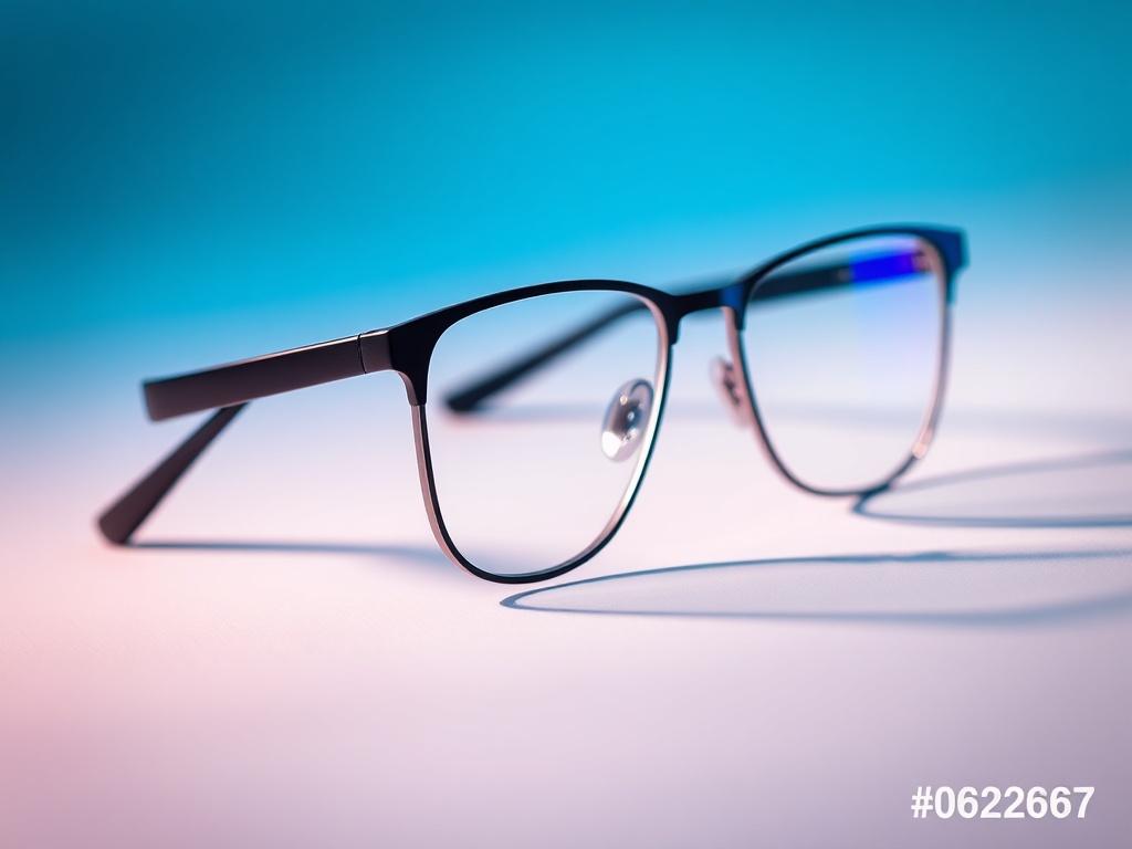 A close-up shot of a stylish pair of eyeglasses displayed on a clean, simple background. The glasses have a modern design, reflecting quality and elegance. The lighting should be soft to highlight the features of the eyewear, with a focus on the lenses and frame details, complemented by a hint of the #062767 primary color in the background.
