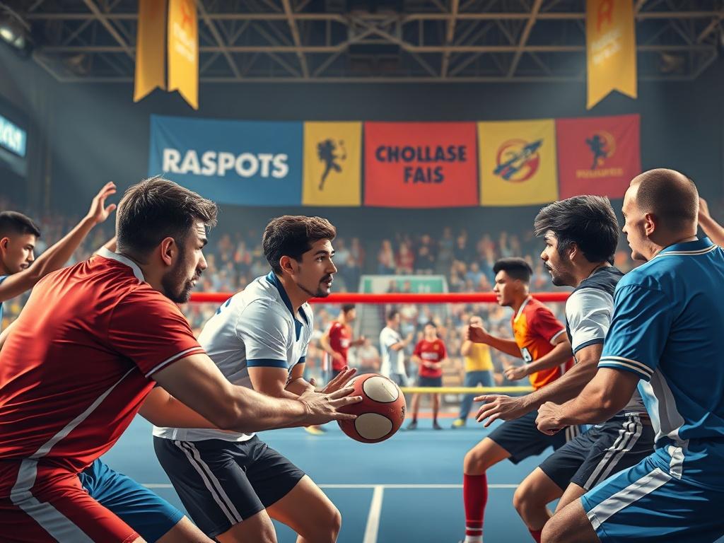 A dynamic scene of a sports tournament in progress, featuring adults competing in teams with determination and enthusiasm. The backdrop includes banners and spectators cheering, creating an electrifying atmosphere. The focus is on the players showcasing their skills, with vibrant colors reflecting the energy of the competition. The image should be clean and focused, without any text or abstract shapes.