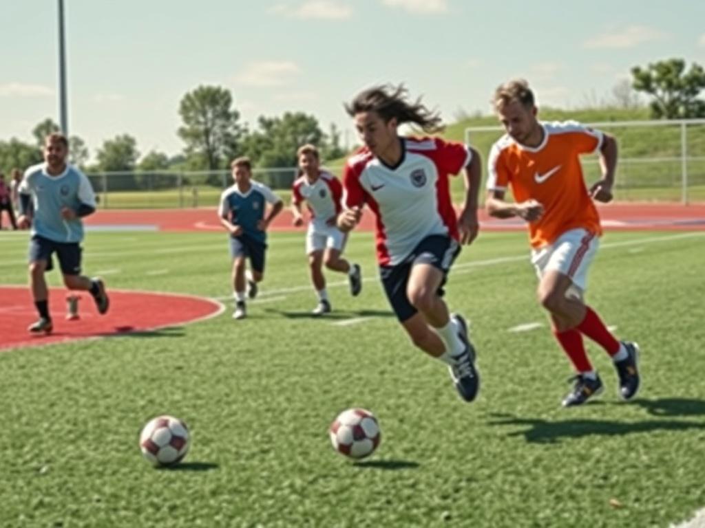 A vibrant sports scene with adults playing a competitive game in a league, showcasing teamwork and camaraderie. The background features a well-maintained sports field with clear skies and green grass. The focus is on the players in action, highlighting their energy and excitement. Bright colors and clean lines emphasize the activity and spirit of the game without any text or abstract shapes.