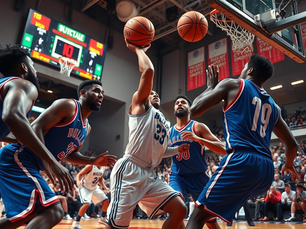A close-up shot of a thrilling basketball game in action, with players in dynamic poses. The image captures the intensity and excitement of the match, with a scoreboard visible in the background and spectators cheering. Bright colors highlight the team uniforms, creating a lively and competitive atmosphere.