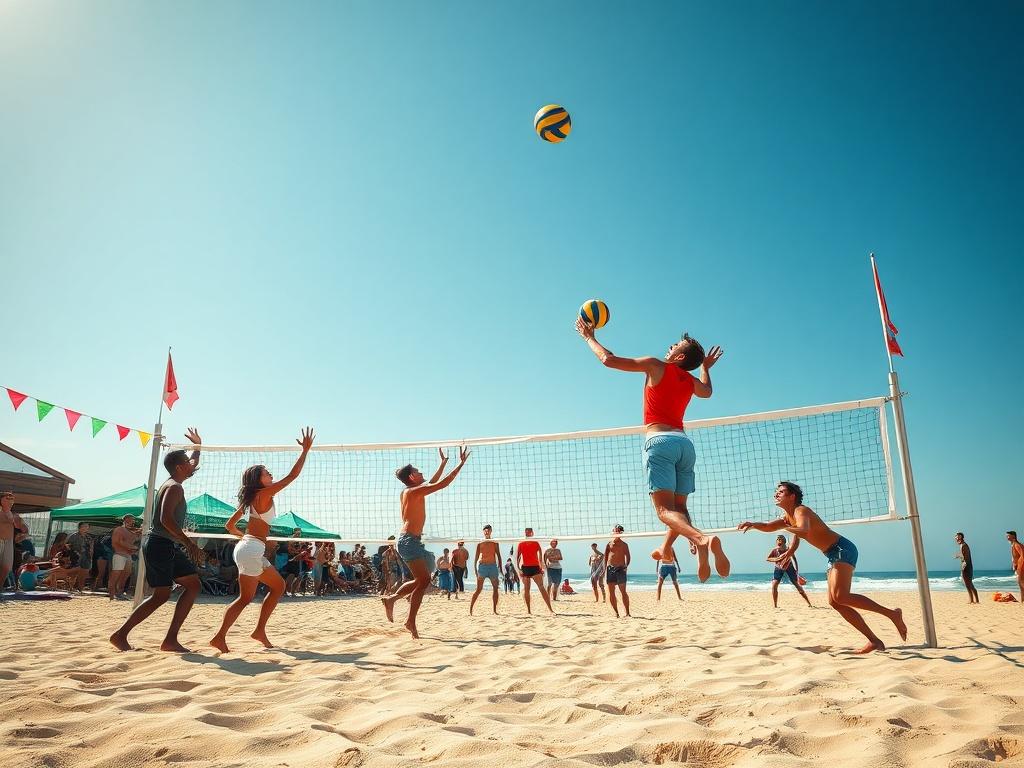An action-packed scene of a volleyball tournament taking place on a sunny beach, with players diving and jumping for the ball. The crowd cheers in the background, and colorful banners decorate the area, enhancing the festive atmosphere. The image captures the spirit of competition and fun.