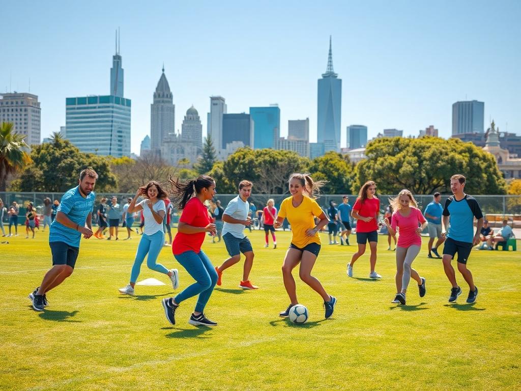 A vibrant and energetic scene of diverse adults playing various sports in an urban park setting, showcasing teamwork and camaraderie. The background features iconic San Francisco landmarks, with a clear blue sky and bright sunlight illuminating the players, creating a lively and welcoming atmosphere.