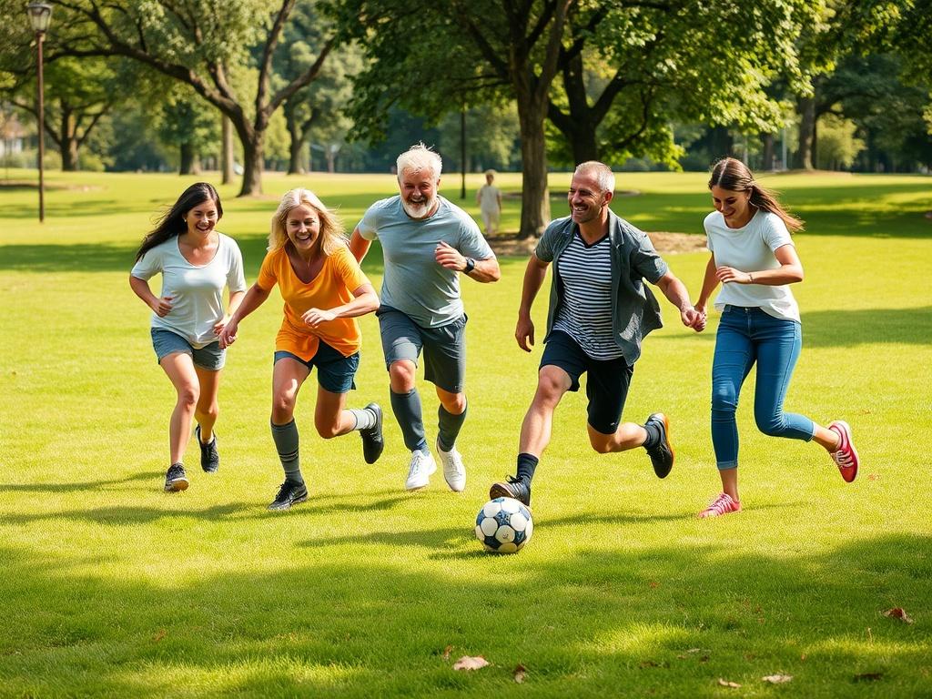 A dynamic scene of a group of adults playing a casual soccer game in a park, with laughter and excitement visible on their faces. The background features green grass and trees, creating a relaxed and inviting environment. The image captures the essence of fun and friendship in sports.