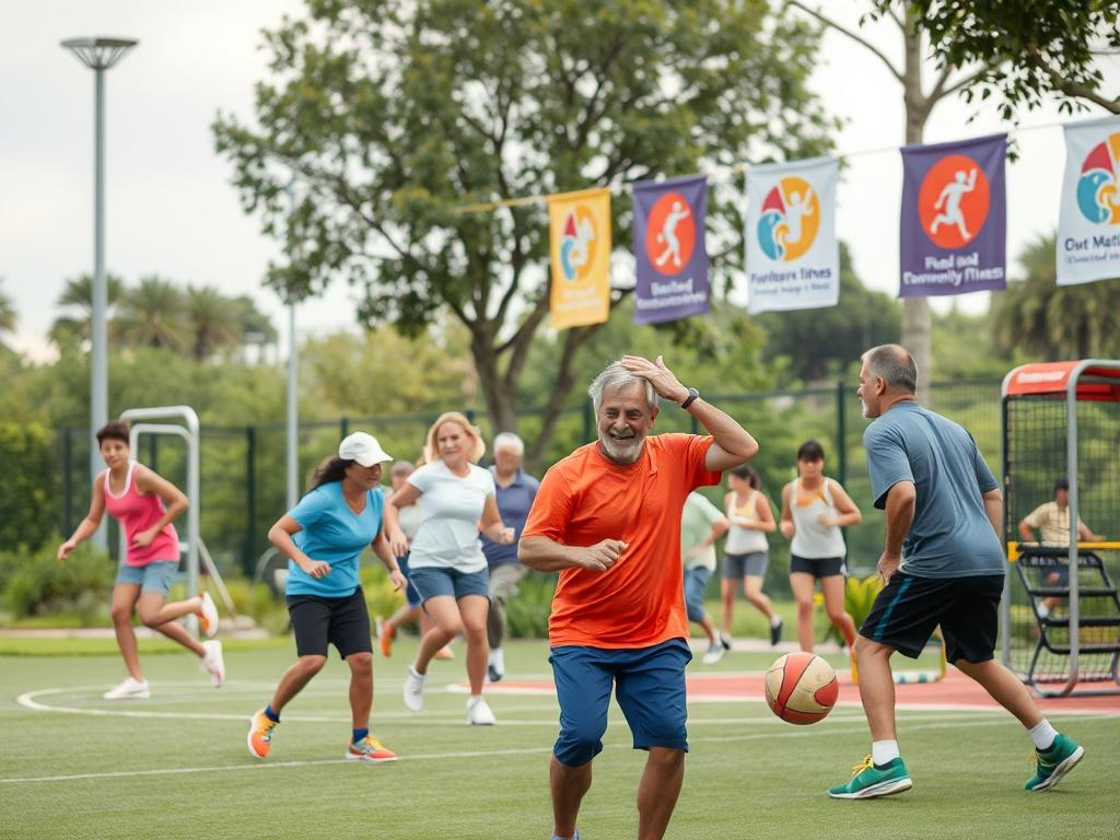 A vibrant sports league scene depicting active adults playing various sports in a community park setting. Emphasize the energetic atmosphere with participants enjoying themselves, showcasing diverse individuals. The background should include greenery, exercise equipment, and banners representing community fitness initiatives, all rendered in photorealistic detail with bold colors that convey excitement and vitality.