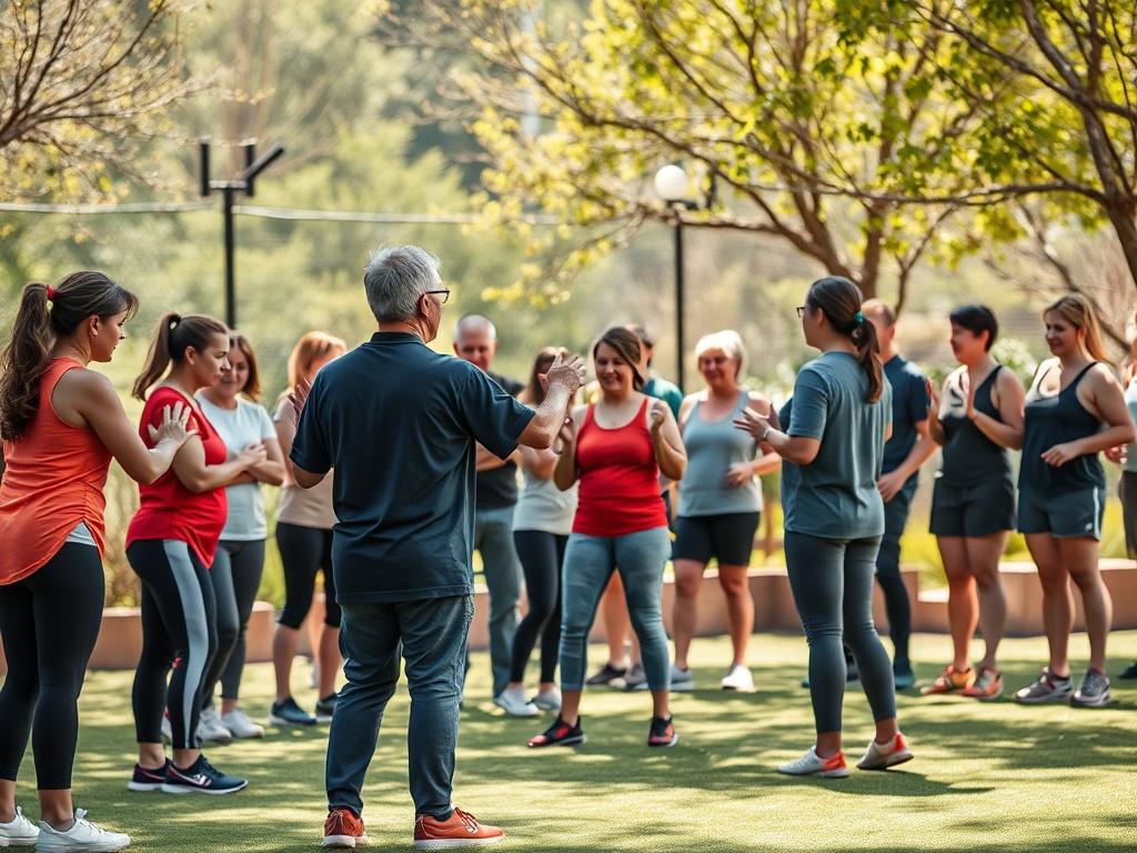 An inspiring scene featuring a diverse group of adults participating in a fitness workshop in an outdoor setting. The focus should be on collaboration and learning, with visuals of exercise demonstrations and engaged participants. Utilize vibrant colors and realistic details to create an inviting atmosphere that reflects community spirit and the joy of fitness.