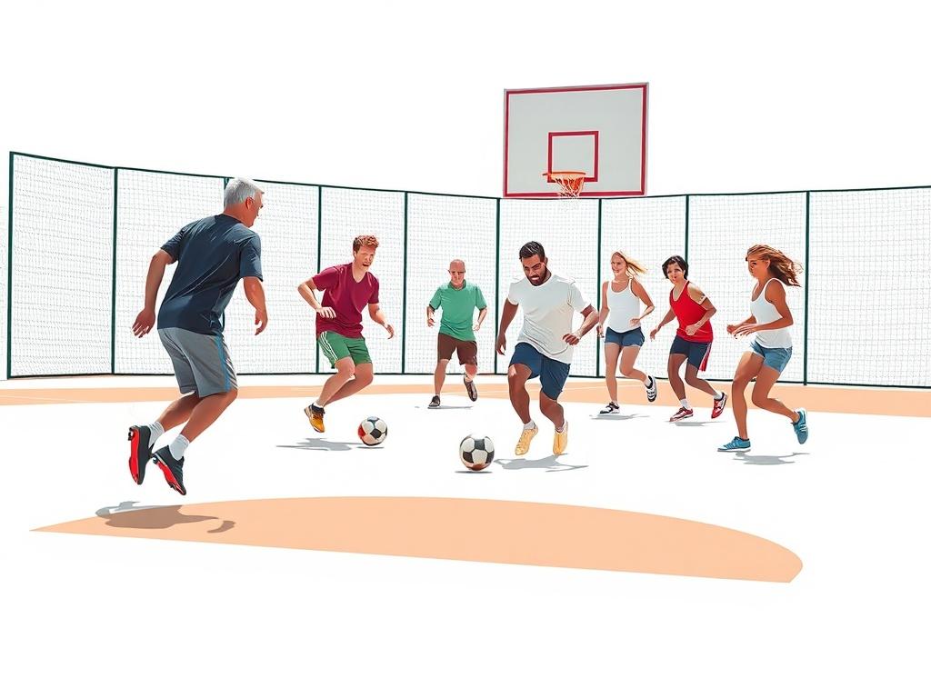 A dynamic image illustrating a group of adults participating in a pickup game of soccer or basketball at a community sports facility. Capture their enthusiasm and teamwork, highlighting a diverse group of participants. The setting should showcase clean lines and vibrant colors with a focus on action, portraying the essence of community and fitness.