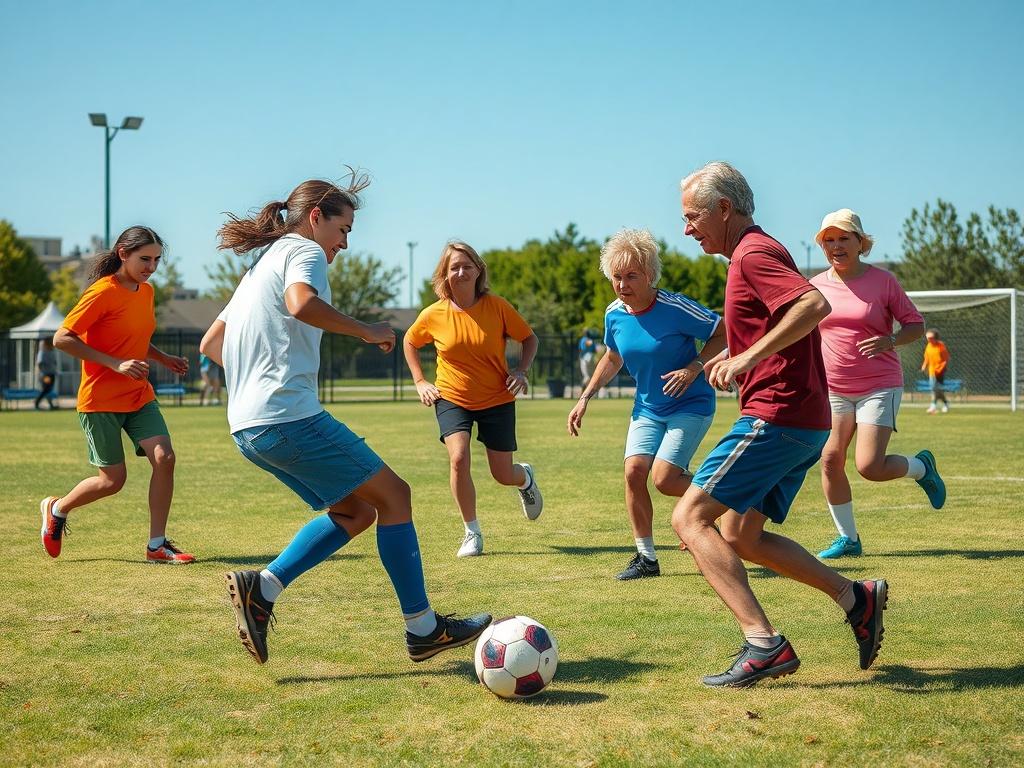 A high-resolution image of adults engaged in a spirited game of soccer in a community park. The scene should be vibrant, showcasing players in action, with a mix of joy and competitiveness. Capture the essence of teamwork and community spirit, highlighting the outdoor setting in clear, bright colors. Ensure the focus remains on the players and their interaction, promoting an active lifestyle.