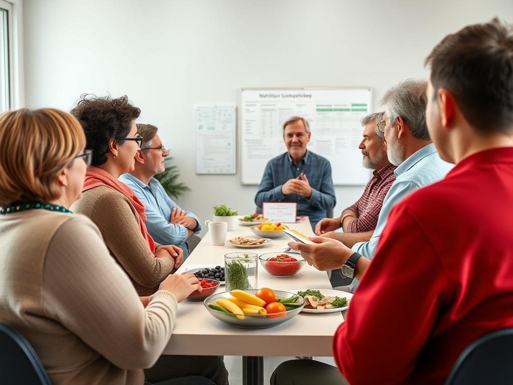 A group of adults attending a nutrition education workshop, with an expert speaker presenting engaging content. The setting is bright and inviting, with visual aids like charts and healthy food samples. Participants actively engage in discussions, showcasing their interest in improving their health and well-being, surrounded by a supportive community environment.