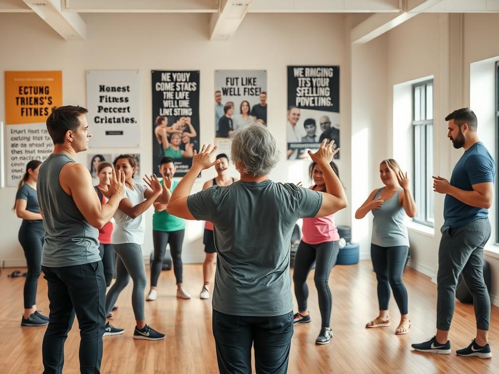 A diverse group of adults engaged in a fitness workshop, with trainers demonstrating exercises in a bright, welcoming gym environment. The setting emphasizes community involvement and support, showcasing participants actively learning and practicing techniques. The background includes motivational posters about fitness and well-being, creating an inviting atmosphere.