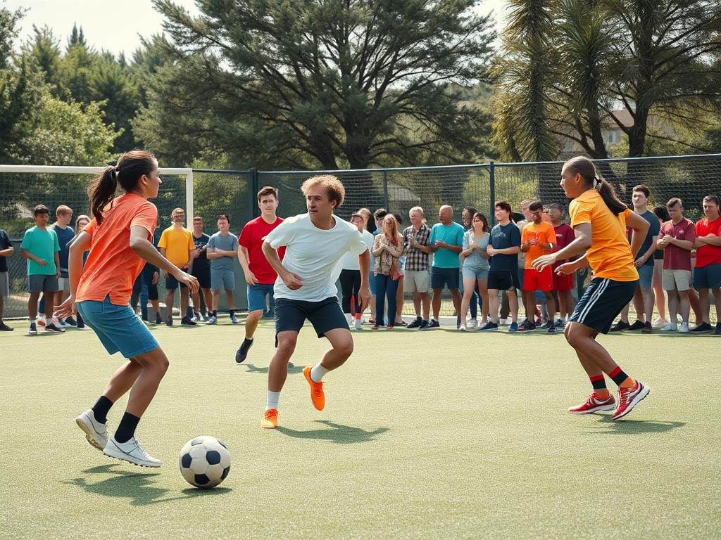 A vibrant scene of adults competing in a friendly sports league match, showcasing teamwork and enthusiasm. The image features players engaged in soccer, basketball, or volleyball in a lively outdoor setting, surrounded by cheering spectators. The atmosphere is filled with excitement and community spirit, reflecting a commitment to fitness and social interaction.