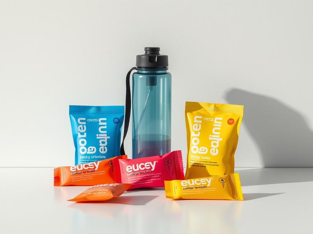 A high-resolution image of a Hydration & Energy Pack displayed on a clean, light-colored surface. The pack features a sleek, reusable water bottle alongside energy gels and electrolyte tablets. The background should be minimalistic, emphasizing the bright colors of the products and their practical design.