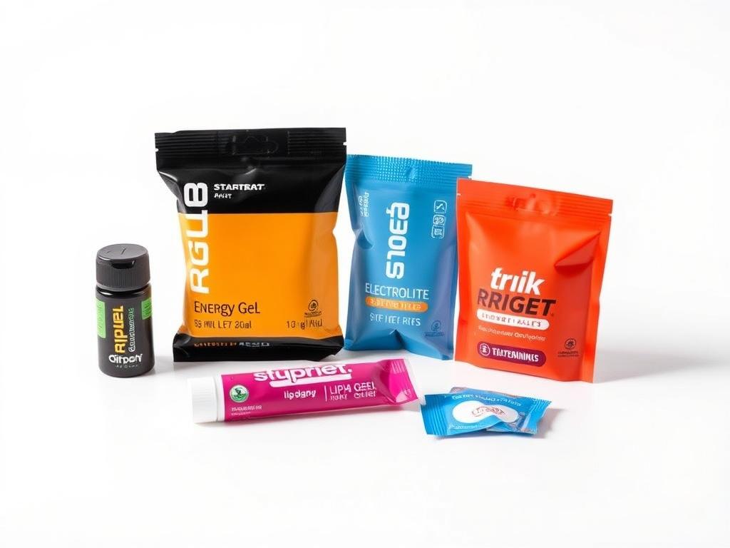 A minimalistic and clean image featuring a race day essentials kit. The kit should include a tube of lip balm, energy gels, and electrolyte tablets arranged neatly on a white surface. The background should be simple and bright to highlight the items, with the focus on the products' vibrant packaging.
