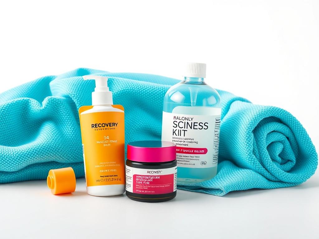 A vibrant, photorealistic image showcasing the Recovery Essentials Kit. The kit should include a muscle balm, hydration supplements, and a cooling towel neatly arranged on a soft surface. The background should be bright and clean to highlight the products' colors and features.