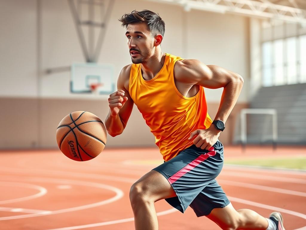 Create a realistic high-resolution photo that depicts a dynamic, fit, and focused athlete aged 21 or older engaging in a training session. The subject should be a male or female athlete, preferably in mid-action, such as executing a sprint or displaying a powerful move in a sport like basketball or soccer. They should be dressed in modern athletic gear, showcasing vibrant and bold colors that evoke energy and passion for sports. 

The background should be a clean and minimalistic sports facility or an outdo