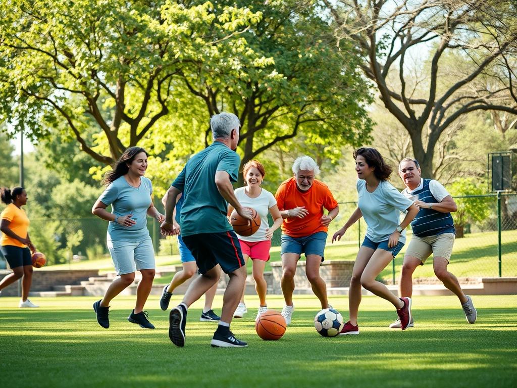 A lively group of adults engaging in a casual pickup game at a local park, showing joy and enthusiasm. The scene includes various sports equipment like basketballs and soccer balls, with players of diverse backgrounds enjoying the game. The setting is bright and inviting, with trees and open space in the background, highlighting a community atmosphere of fun and activity. No text or abstract elements are included.