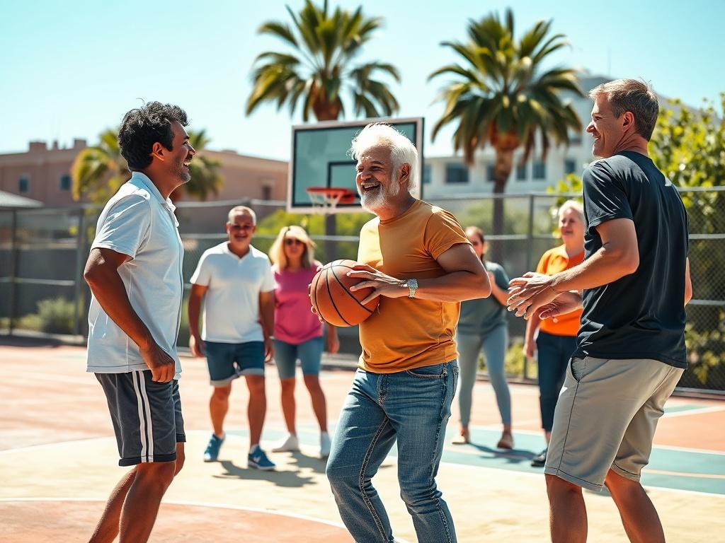 A relaxed scene of adults engaging in a pickup basketball