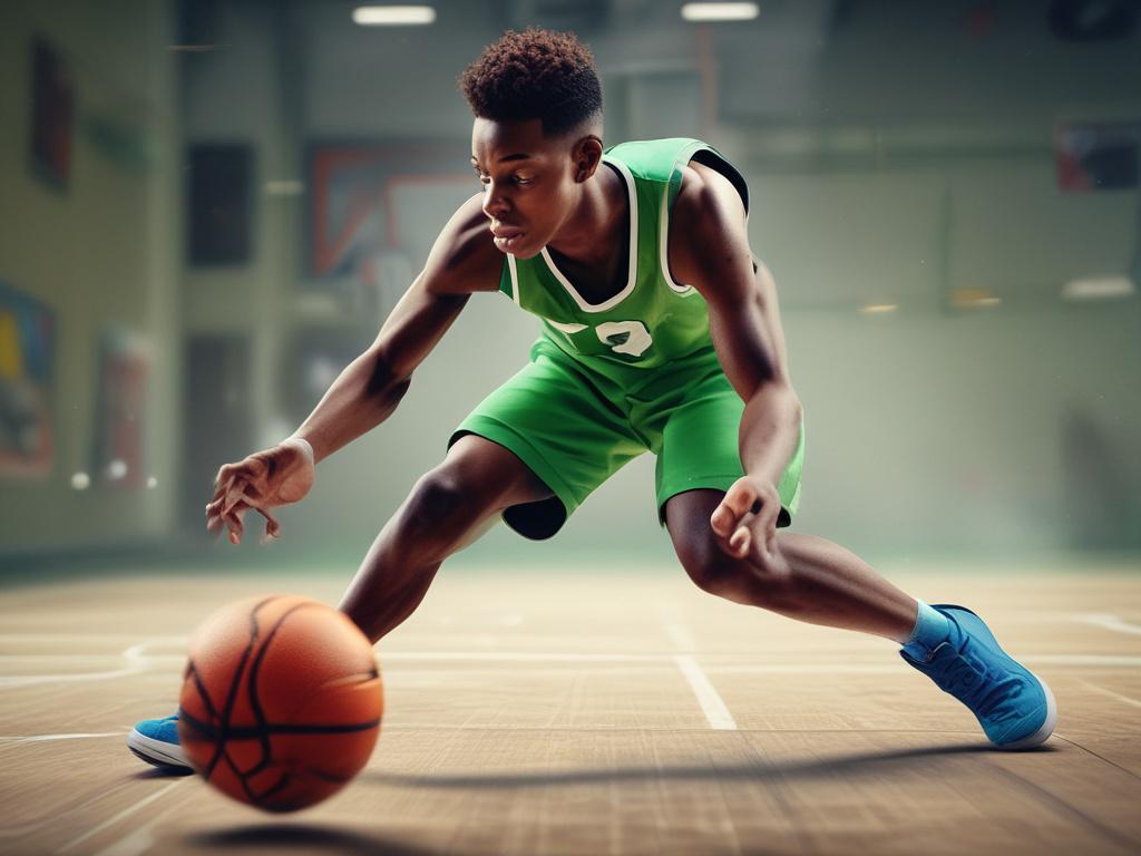A dynamic scene of a youth basketball player in action,