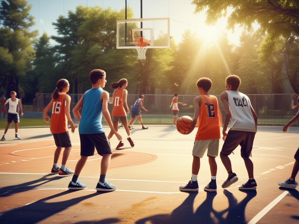 A dynamic scene of young athletes engaged in a basketball