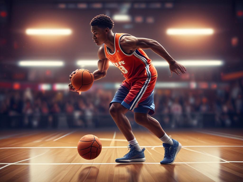A young basketball player dribbling a basketball on a court,