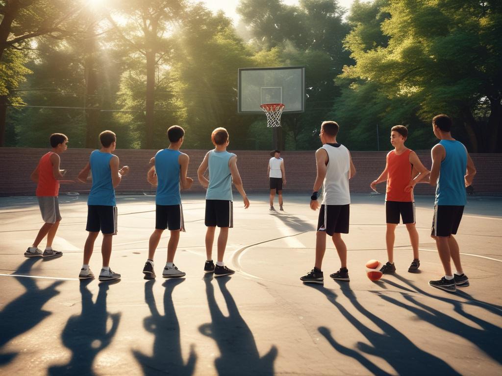 A group of young athletes participating in a summer basketball